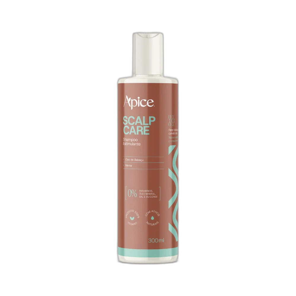 Frasco do Shampoo Apice Scalp Care Estimulante 300ml com rótulo marrom e detalhes verde água